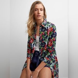 Floral Print Long Button Up Shirt, XL